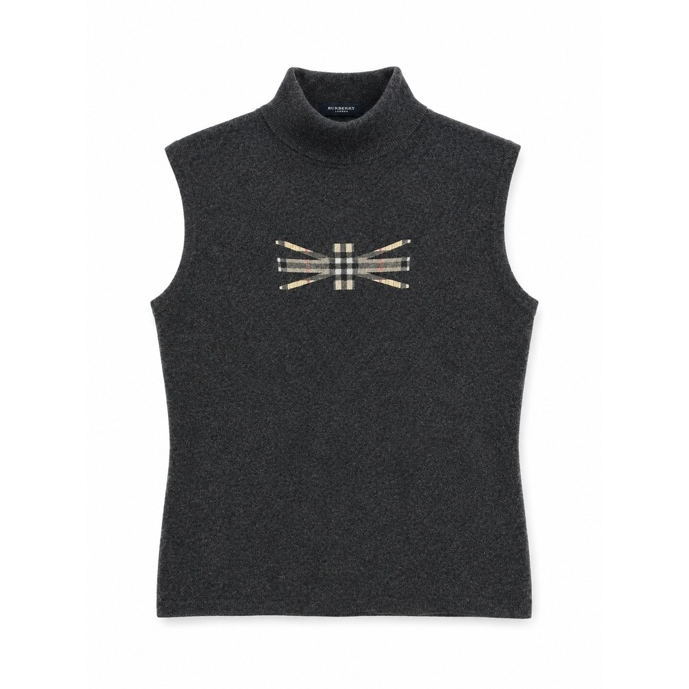 Burberry London Cashmere Sleeveless Mock Neck Flag Sleeveless Sweater Gray S